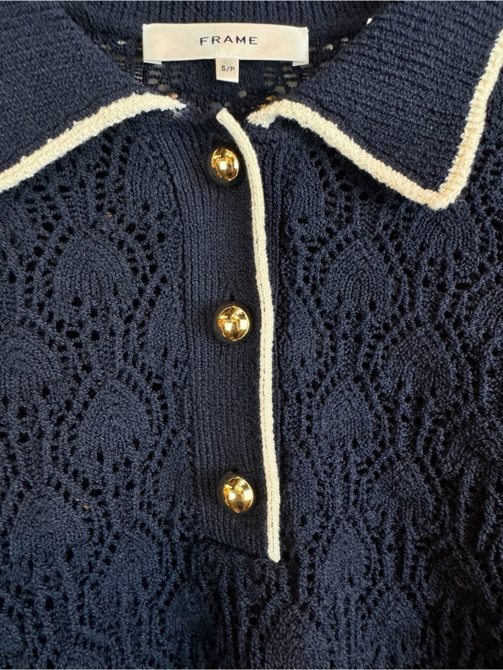 Frame | Navy and Cream Crochet Short Sleeve Knit Top, S - Picture 8 of 12